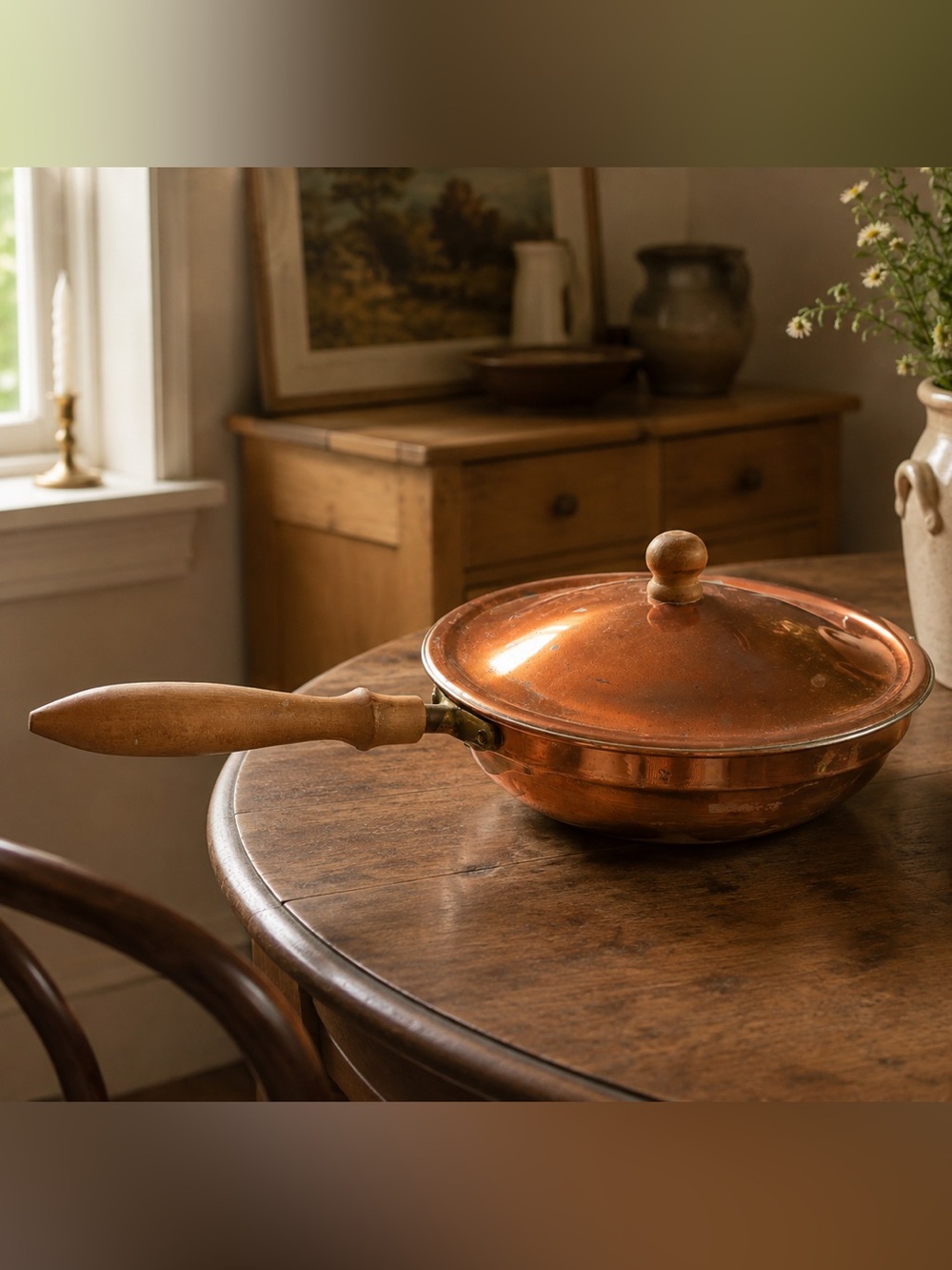 Vintage Copper Frying Pan with Lid and Wooden Handle - Copper Finish